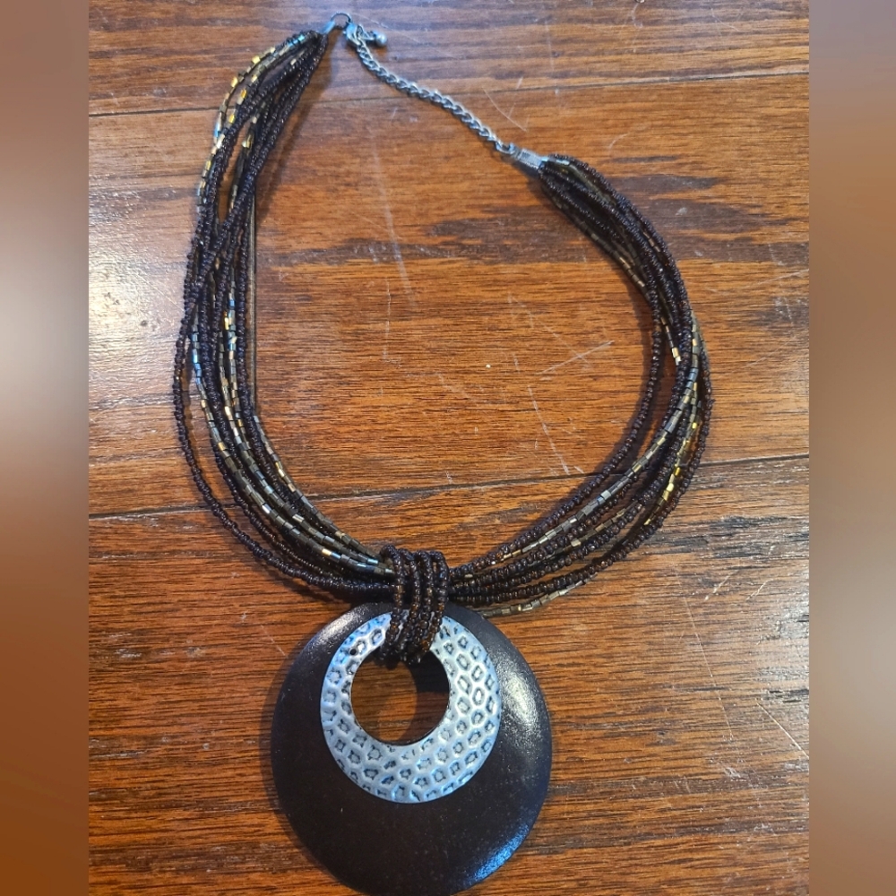 Brown Beaded Circle Pendant Necklace